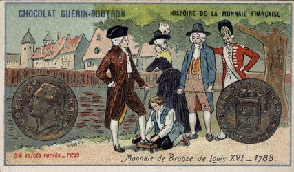 Serie Histoire de la Monnaie Française publicada por Chocolat Guérin Boutron. Cromolitografía del siglo XIX. Moneda de bronce de Luis XVI en 1788