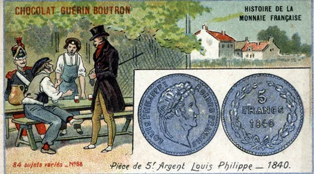 Serie Historia de la Moneda Francesa publicada por Chocolat Guérin Boutron. Cromolitografía del siglo XIX. Moneda de plata de 5 francos. Luis Felipe I en 1840