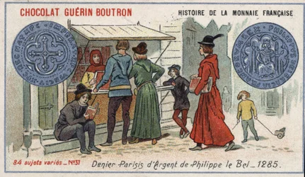 Serie Historia de la Moneda Francesa publicada por Chocolat Guérin Boutron. Cromolitografía del siglo XIX. Denier de plata de Felipe el Hermoso en 1285