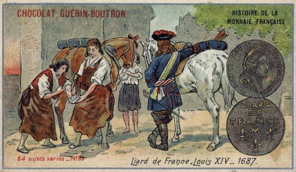Serie Historia de la Moneda Francesa publicada por Chocolat Guérin Boutron. Cromolitografía del siglo XIX. Liard de Francia. Luis XIV en 1687
