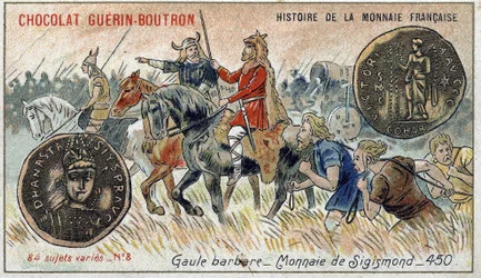 Serie Historia de la Moneda Francesa publicada por Chocolat Guérin Boutron. Cromolitografía del siglo XIX. Galia bárbara. Moneda de Sigismond