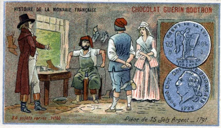 Serie Historia de la Moneda Francesa publicada por Chocolat Guérin Boutron. Cromolitografía del siglo XIX. Monedas de 15 sueldos de plata en 1791
