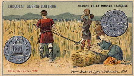 Serie Historia de la Moneda Francesa publicada por Chocolat Guérin Boutron. Cromolitografía del siglo XIX. Medio denier de Luis el Piadoso en 814