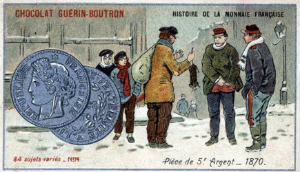 Serie Historia de la Moneda Francesa publicada por Chocolat Guérin Boutron. Cromolitografía del siglo XIX. Moneda de plata de 5 francos en 1870