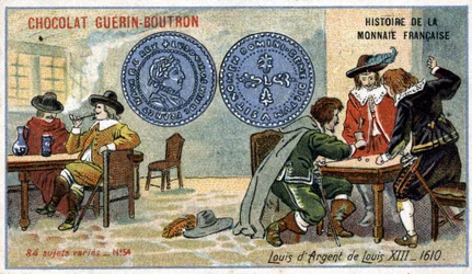 Serie Historia de la Moneda Francesa publicada por Chocolat Guérin Boutron. Cromolitografía del siglo XIX. Luis XIII Moneda de plata en 1610