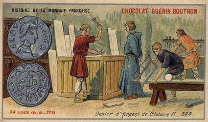 Serie Historia de la Moneda Francesa publicada por Chocolat Guérin Boutron. Cromolitografía del siglo XIX. Denier de plata de Clotario II en 584