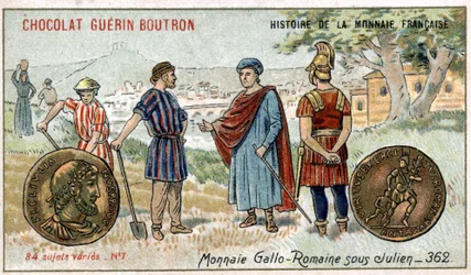 Serie Historia de la Moneda Francesa publicada por Chocolat Guérin Boutron. Cromolitografía del siglo XIX. Monedas galorromanas bajo Juliano
