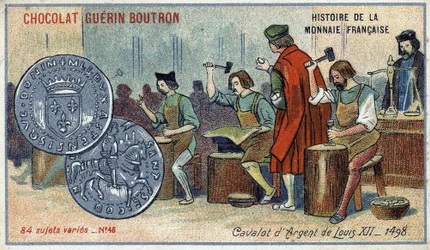 Serie Historia de la Moneda Francesa publicada por Chocolat Guérin Boutron. Cromolitografía del siglo XIX. El Cavalot de Plata de Luis XII. 1498