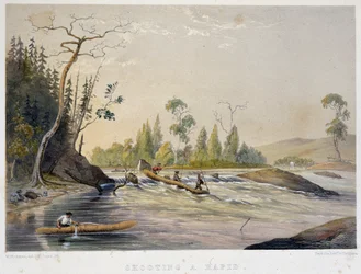 Colonos pescando en un rápido - en "Sketches on the nipisaguit a river of New Brunswick in America" por William Hickman, ed. Halifax