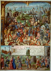 Séptima Cruzada (1248-1254). Arriba, Luis IX (San Luis) (1215-1270), Rey de Francia, con los cruzados después de ser derrotados por los sarracenos en Mansourah en 1250. Se retiraron detrás de las torres de Damasco. Luis IX y sus dos hermanos son tomados pr
