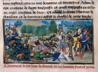 Séptima Cruzada: El rey Luis IX (San Luis) (1214-70) es capturado durante la Batalla de Mansourah en 1250 en Egipto, "Crónica abreviada" por David Aubert 1250 París