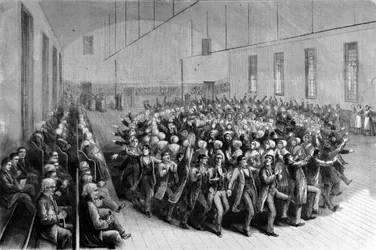 Procesión religiosa de los Shaking Quakers (danza) en Nueva York. Ilustración del siglo XIX