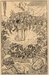 Ella permanece en medio de las llamas... Santa Rosa de Viterbo (Rosa da Viterbo) (1233-1252). Grabado de finales del siglo XIX. Colección privada