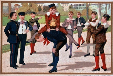 Juego de ovejas saltando, publicidad de tienda "El hermoso jardinero", v. 1895