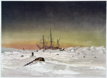 Barco en el hielo - en "Las costas del mar polar, una narración de expedición ártica", por el Dr. Edward Moos, Marcus Nard & Co, Londres