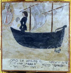 Barco salvado de la tormenta. Exvoto del siglo XVI del Santuario de la Madonna del Monte en Cesena (Forlì).