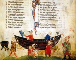 Construcción naval y calafateo en el siglo XIII. Miniatura del “Roman de Troy” de Benoit de Saint Maure. Siglo XIV Biblioteca Marciana, Venecia