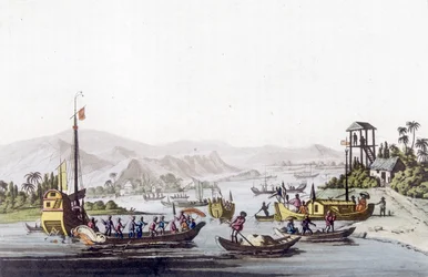 Barcos de Cochinchina. Biblioteca de artes decorativas de París en “El traje antiguo y moderno”