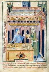 Tienda con pan de mantequilla y dos mujeres, ilustración de Tacuinum sanitatis, manuscrito iluminado, reedición latina de una obra árabe del siglo XI