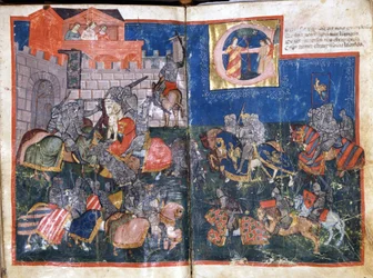 Sitio de Pamplona en España por Carlomagno. Miniatura de "Entrada de España". Siglo XIV, Venecia, Biblioteca Marciana