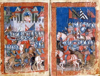Sitio de Pamplona en España por Carlomagno. Miniatura de “Entrada de España”. Siglo XIV, Venecia, Biblioteca Marciana.