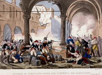 Sitio de Zaragoza y el Convento de los Capuchinos en 1808. Grabado en color de la época. Milán