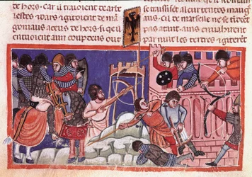 Asedio de una ciudad fortificada. Miniatura de un códice sobre los hechos de Julio César (101 a.C.-44 a.C.) Siglo XIV Venecia, Biblioteca Marciana