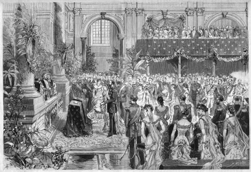 Bodas de plata del rey y la reina de Suecia y Noruega, Oscar II (1829-1907) y Sophie de Nassau (1836-1913), 6 de junio de 1882. Grabado en El Mundo Ilustre n°1316 del 17 de junio de 1882