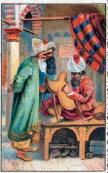 Sindbad hace una silla de montar. Las maravillosas aventuras de Sinbad (Sindbad) el marinero. Cuento popular de 1001 noches (mil y una noches). Cromolitografía de finales del siglo XIX.