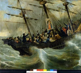 Naufragio de un barco de emigrantes suizos. Exvoto de 1856 del santuario de la Madonna del Sasso en Locarno. Pintura atribuida a Giovanni Antonio Vanoni.