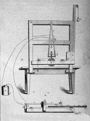 Boceto del primer telégrafo del inventor estadounidense Samuel Finley Breese Morse (1791-1872). Grabado del siglo XIX