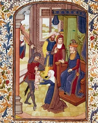 El juicio de Salomón. Dos mujeres pretenden ser la madre del mismo niño. Miniatura de un manuscrito del siglo XV. Biblioteca de la Universidad de Coimbra