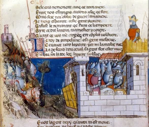 Cantar de gesta: un ejército se prepara para atacar al ejército enemigo refugiado en un castillo y protegido por el puente levadizo. Miniatura del manuscrito franco-italiano 