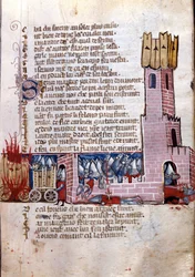 Cantar de gesta: escena de combate cerca de una ciudad fortificada (probablemente la conquista de España por el ejército de Carlomagno). Miniatura del manuscrito franco-italiano 