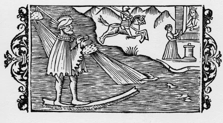 Hechicero cruzando el mar por medio de un sortilegio - en "Historia de Gentibus Septentrionalibus" de Olaus Magnus, Roma 1555