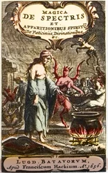 Hechiceras preparando pociones observadas por demonios, frontispicio de “Magica de spectris et apparitionibus spiritu de vaticiniis, divinationibus”, por Henningus Grosius