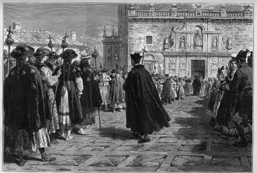 España 1880: las fiestas de Santiago de Compostela, la procesión de los peregrinos a la entrada de la Basílica