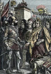 Conquista española de México:encuentro entre Hernán Cortés y Moctezuma II en 1519