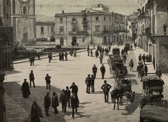 Plaza y ayuntamiento de Monreale, insurrección de los Fasci Siciliani, Italia, grabado a partir de una fotografía de E Interguglielmi de L