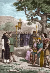 San Agustín de Canterbury (m. 604) predicando ante Ethelbert (552?-616) rey anglosajón de Kent a quien bautizó en 597 - Agustín enviado por el Papa Gregorio I para convertir a los anglosajones al cristianismo - Representación de San Agustín de Canterbury (
