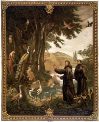 San Francisco de Asís hablando con los pájaros - cromo del siglo XIX reproduciendo una pintura del siglo XVIII
