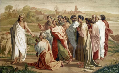 Misión de San Pedro: Jesús confía su rebaño a Pedro en presencia de los otros apóstoles - según pintura del siglo XVI