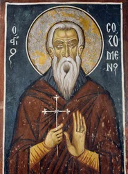 San Sozomeno, primer santo de la iglesia chipriota, fresco (1332-1333), iglesia bizantina de Nuestra Señora de Asinou (siglo XII) (Lista del Patrimonio Mundial de la Unesco, 2001), montañas Troodos, Chipre