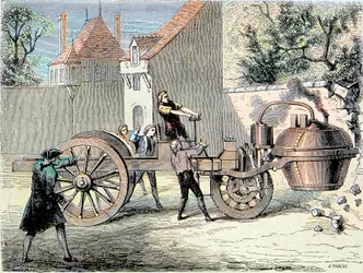 Vehículo de vapor inventado por Nicolas Joseph Cugnot (1725-1804) que pierde el control y derriba parte de un muro en 1770 - primer «accidente de automóvil» documentado - en «Album de la Science; científicos ilustres; Grandes Descubrimientos», 1896