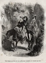 Una mujer que leyera esto me soplaría con gusto, y no estaría equivocada. - Ilustración para las "Confesiones" de Jean-Jacques Rousseau (1712-1778) - grabado de 1849