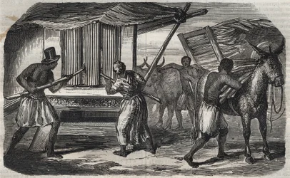 Fabricación de azúcar: un molino de caña de azúcar en una fábrica de azúcar en las Indias Occidentales. Grabado de 1859.