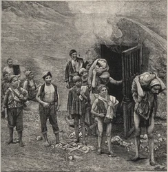 Minería de azufre (Zolfara) en Sicilia, dibujo