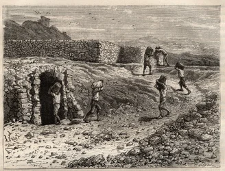 Azufre - Una mina de azufre en Girgenti, Sicilia - grabado en 