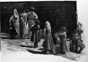 Superstición: la contemplación de las estrellas por los habitantes de los pueblos de Sicilia. Grabado del siglo XIX
