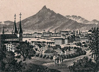 Suiza: vista de la ciudad de Lucerna. en "El mundo ilustra 168 vistas" Sin fecha (finales del siglo XIX)